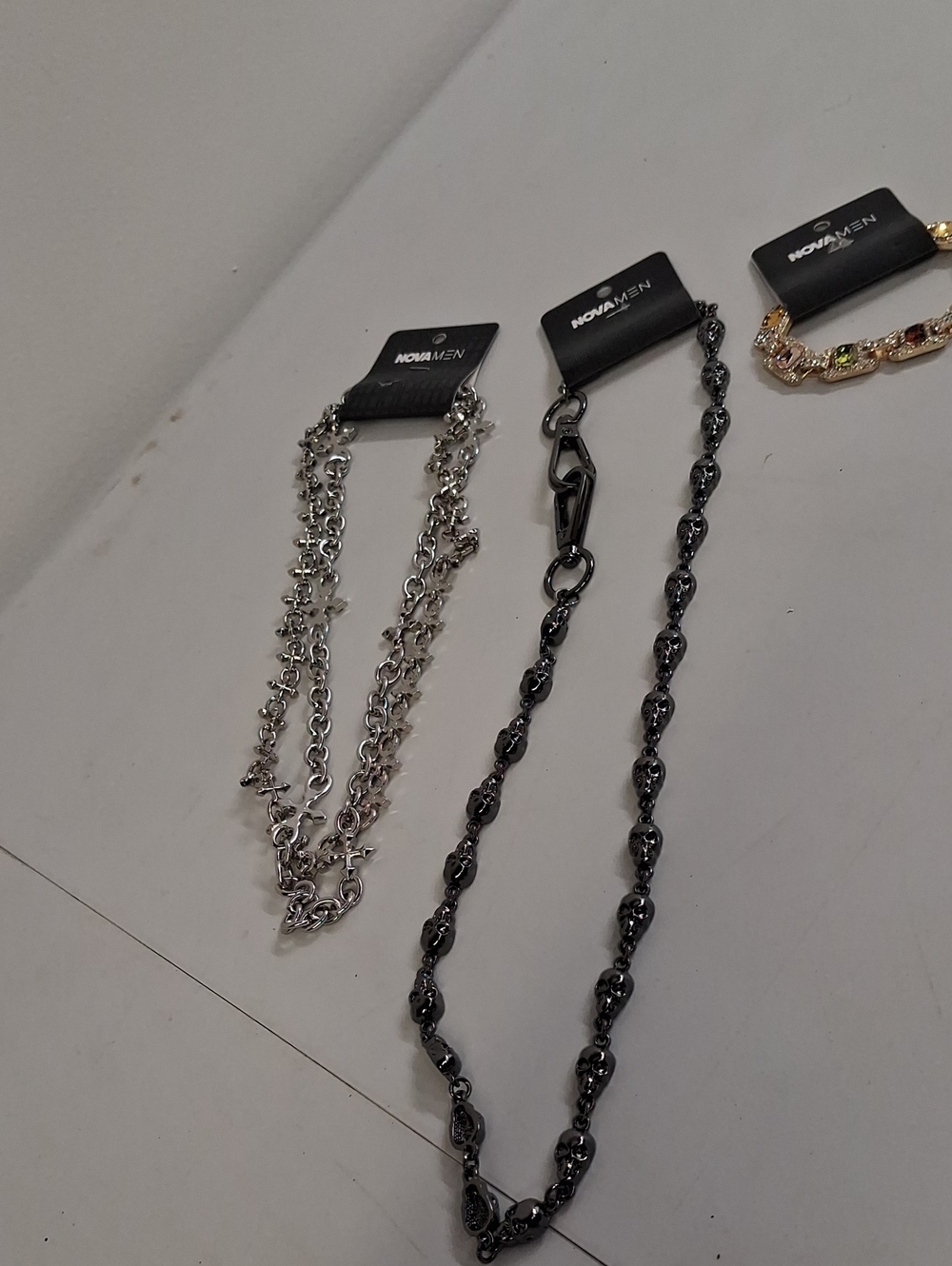 NWT NOVA MEN Silver and Black Skull Multi-Chain Necklaces & Iced Gemstone Bracel